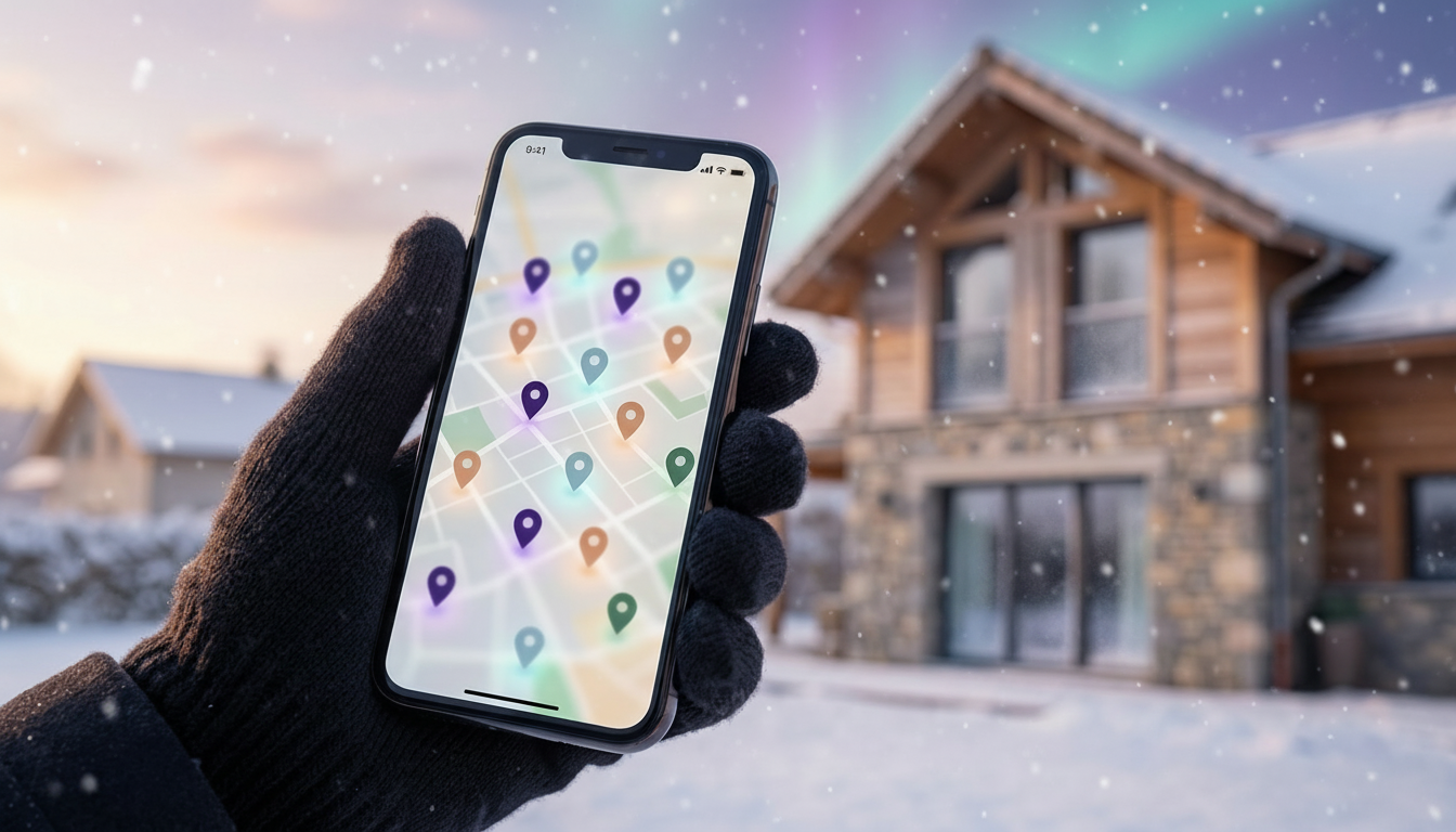 Gros plan sur un smartphone tenu par une main gantée en extérieur hivernal, affichant une applicatio