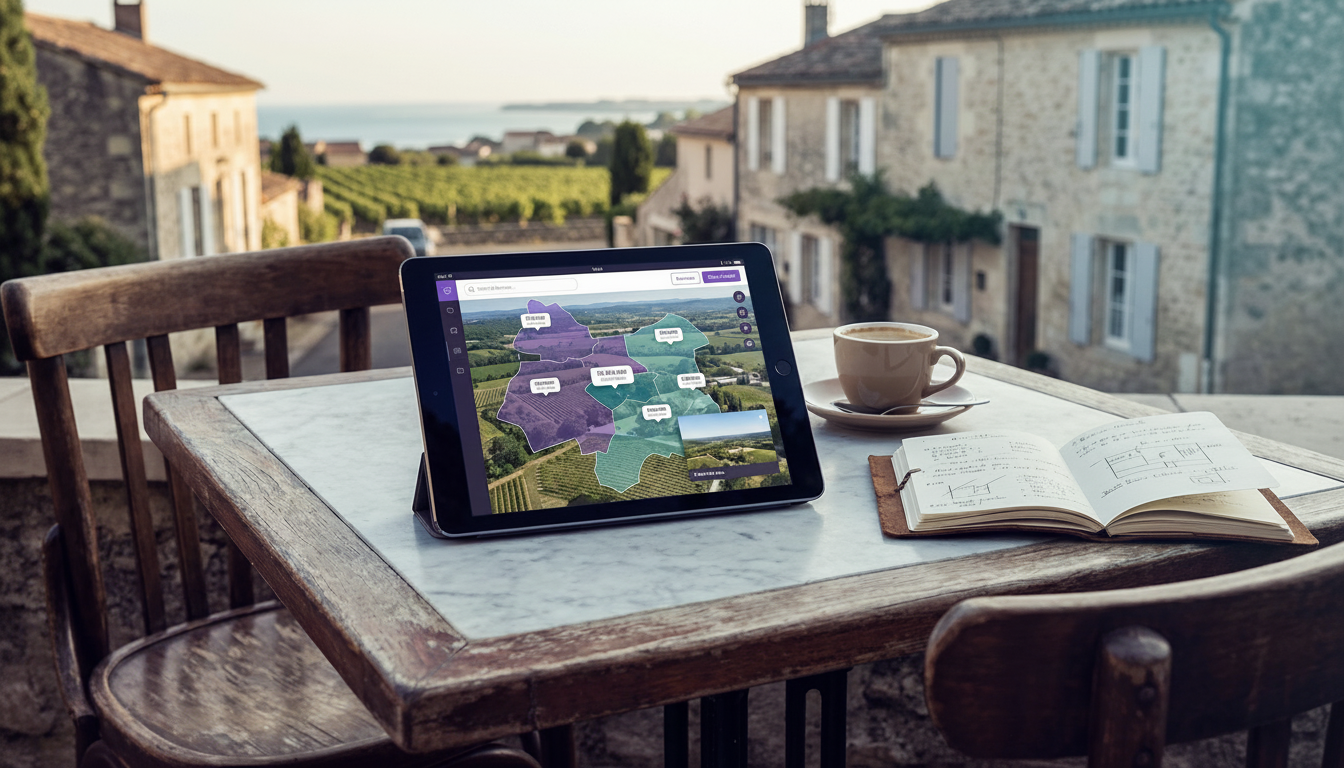Tablette posée sur une table de bistrot parisien en terrasse, montrant une interface cartographique 