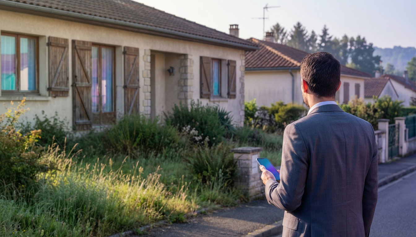 Conseiller immobilier de dos, observant discrètement une maison aux volets fermés avec un jardin non