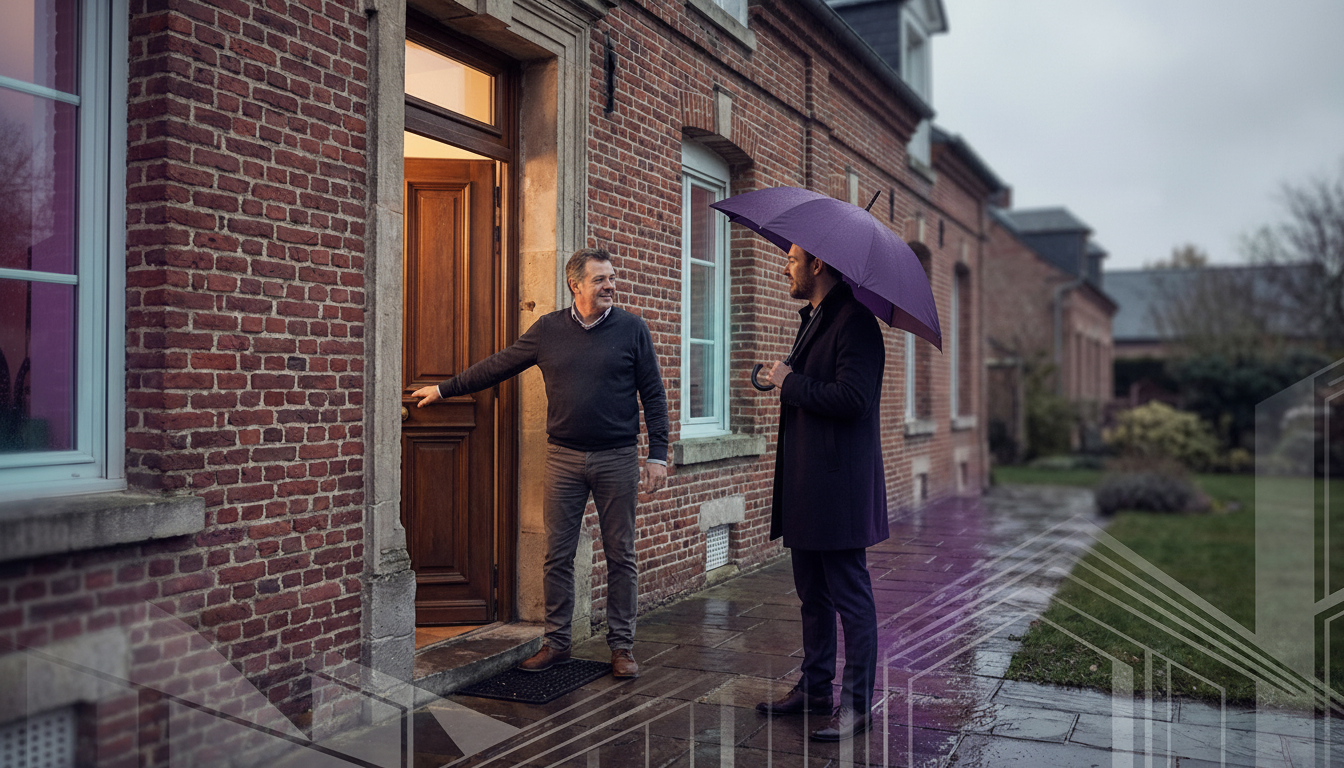 Conseiller immobilier souriant sous un parapluie de qualité devant une porte d'entrée d'une maison i