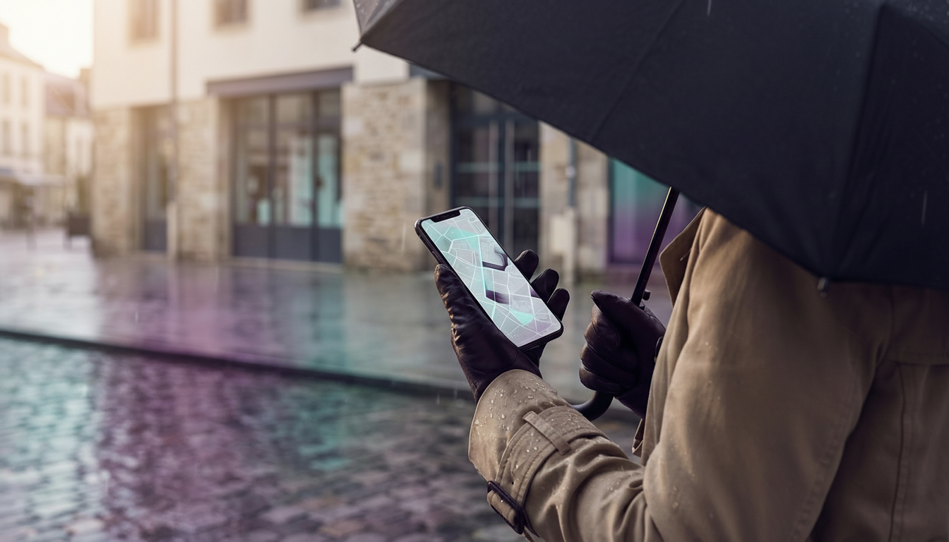 Plan rapproché sur les mains d'un agent immobilier tenant un smartphone sécurisé et un grand paraplu