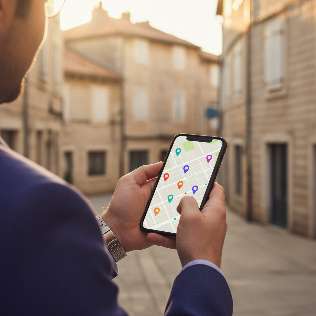 Gros plan sur les mains d'un conseiller immobilier tenant un smartphone dans une rue résidentielle f