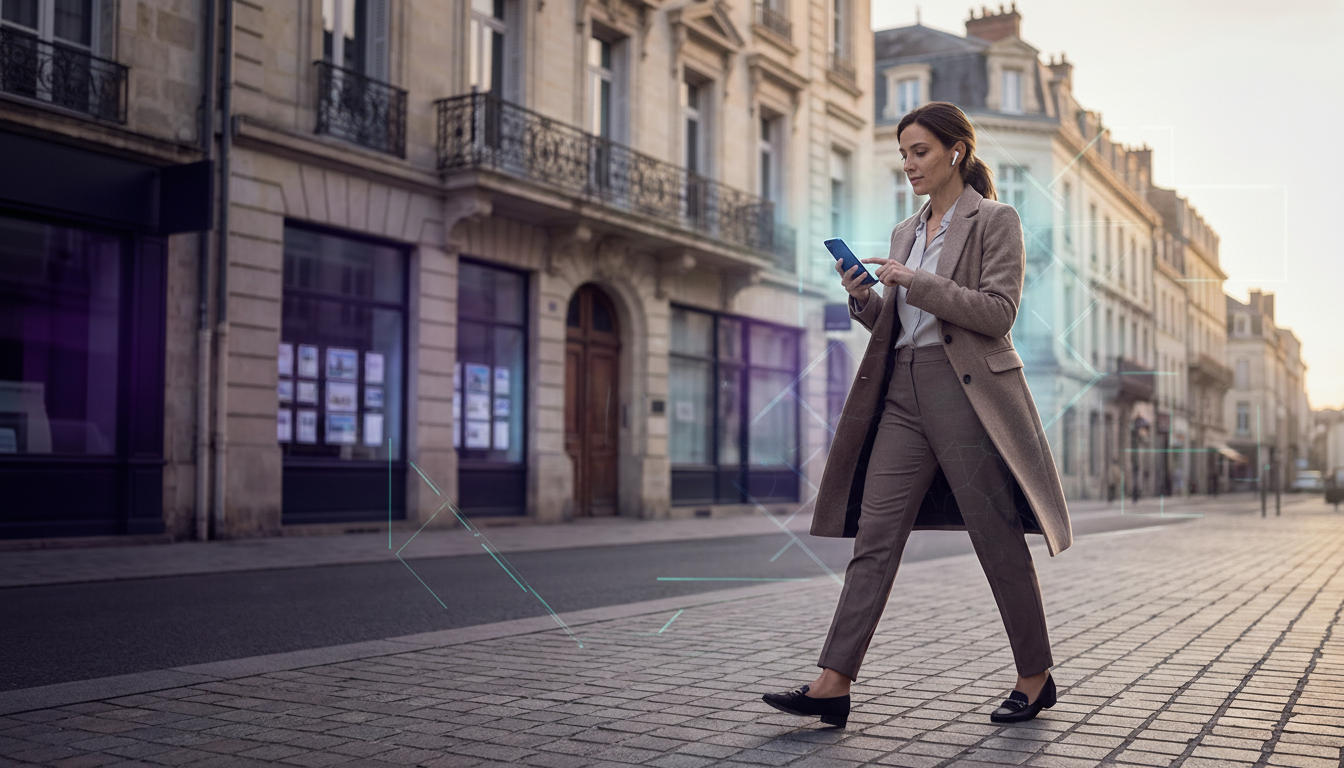 Conseillère immobilière dynamique marchant d'un pas décidé sur un trottoir urbain en France, écouteu