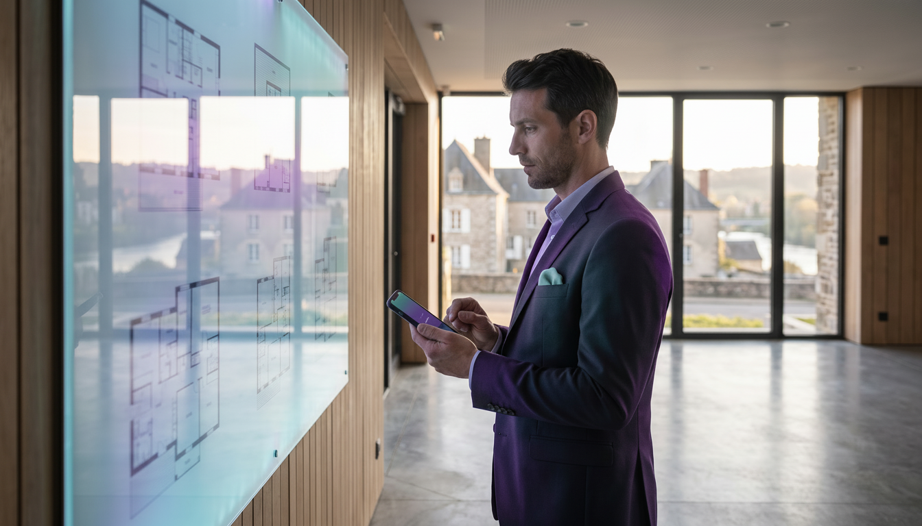 Conseiller immobilier en tenue professionnelle observant attentivement le panneau d'affichage vitré 
