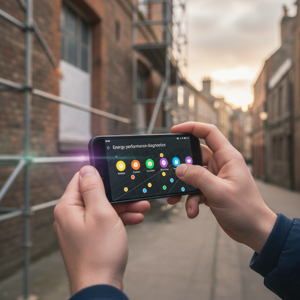 Vue rapprochée sur les mains d'un professionnel de l'immobilier tenant un smartphone affichant l'app