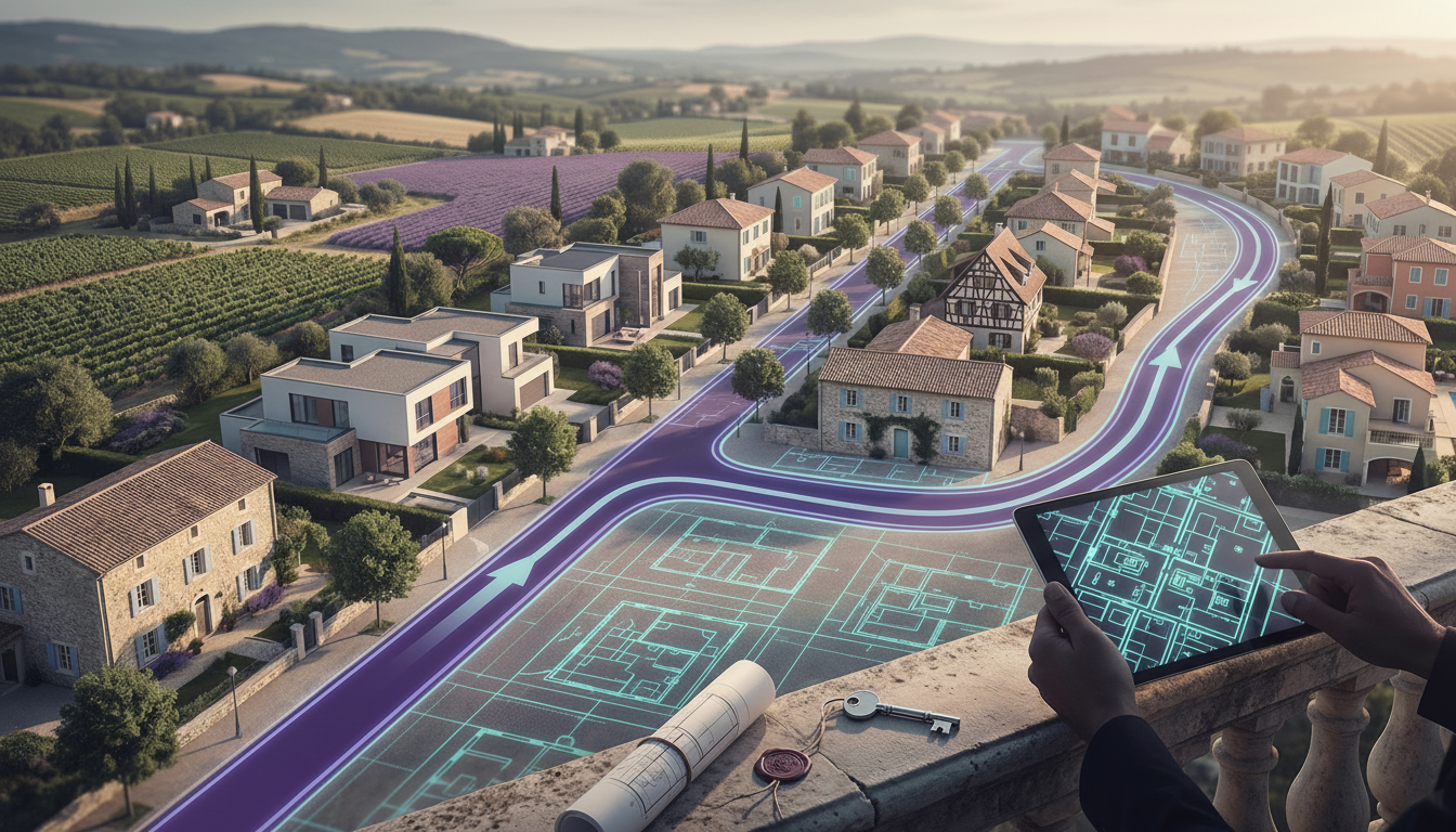 Vue aérienne schématique d'un quartier résidentiel montrant un trajet de prospection optimisé en for