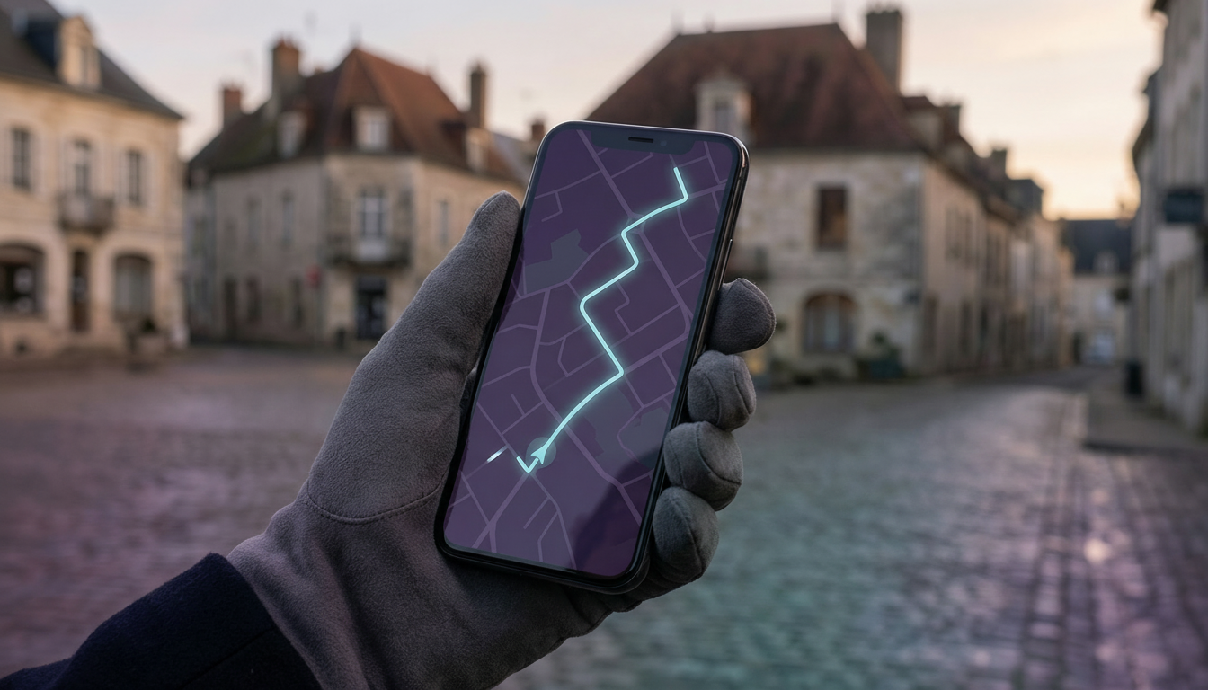 Gros plan sur un smartphone tenu par une main gantée, affichant une application de carte avec un tra