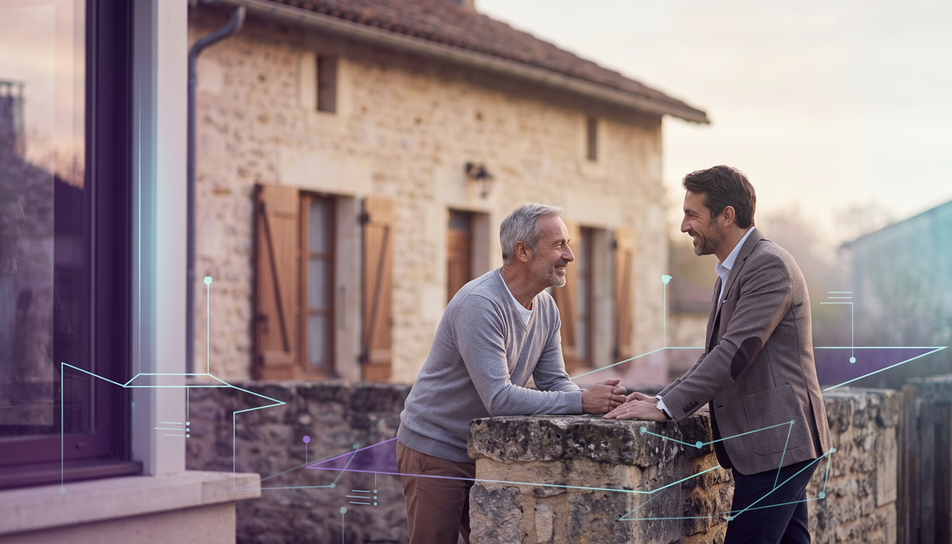 Conseiller immobilier professionnel discutant chaleureusement par-dessus un muret avec un voisin dan
