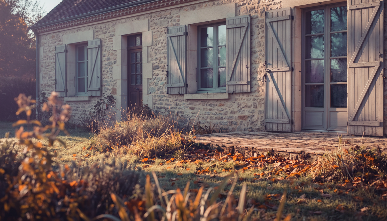 Façade d'une maison de campagne française aux volets en bois clos, avec un jardin légèrement en fric