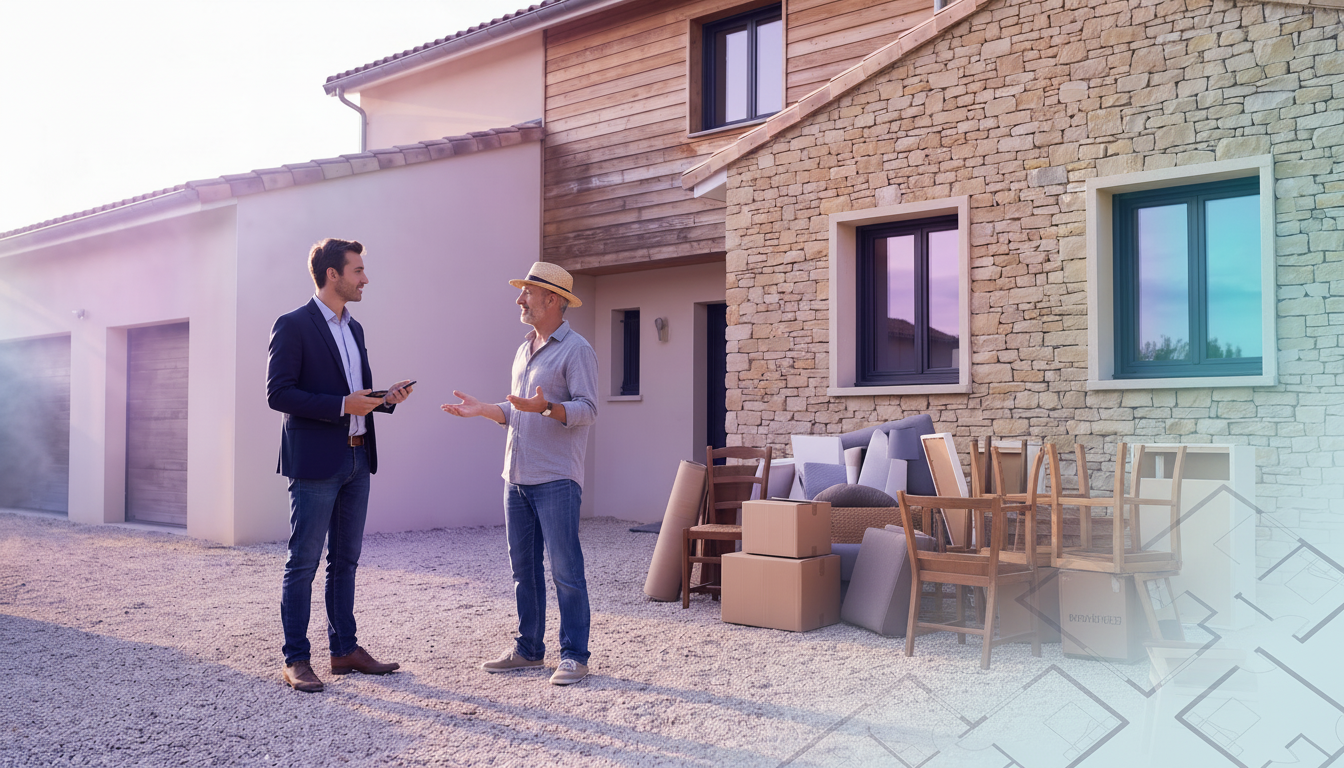 Professionnel de l'immobilier discutant de manière détendue avec un propriétaire devant sa maison, p