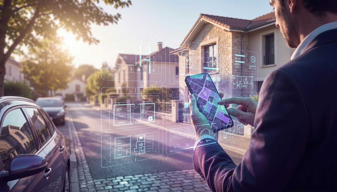 Conseiller immobilier sur le terrain consultant une carte interactive sur son smartphone, affichant