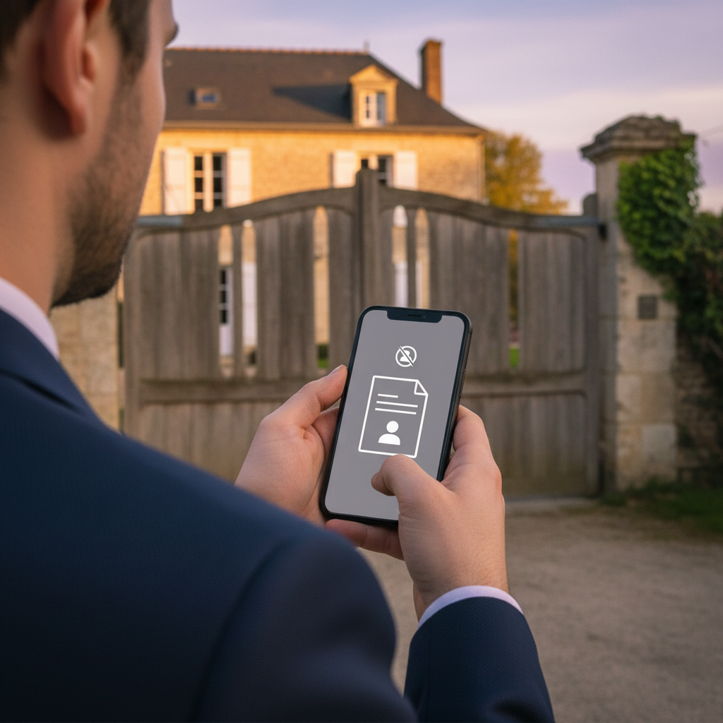 Gros plan sur les mains d'un professionnel de l'immobilier tenant un smartphone affichant un formula