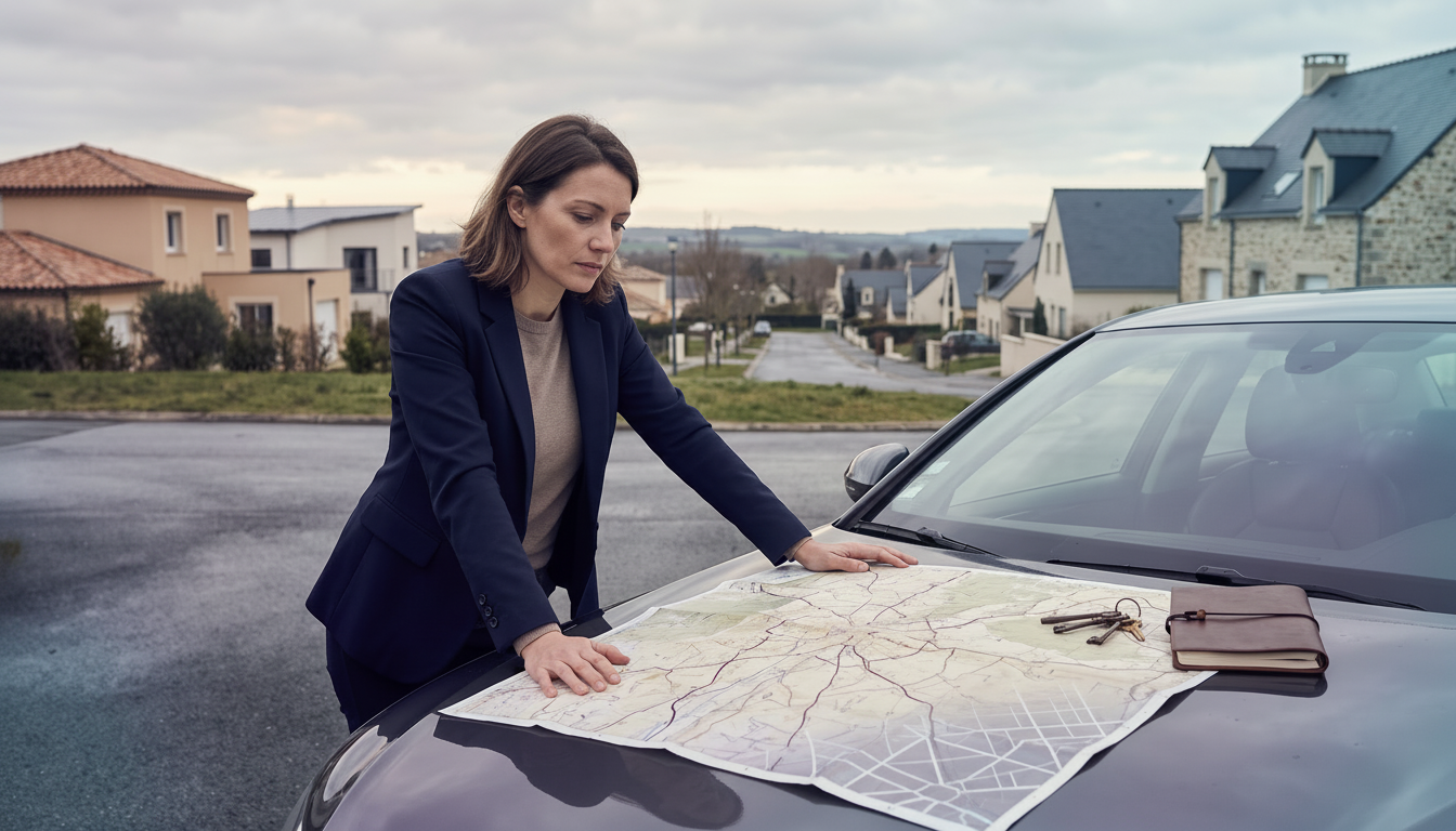 Conseillère en immobilier d'une trentaine d'années, l'air fatigué, regardant une grande carte papier