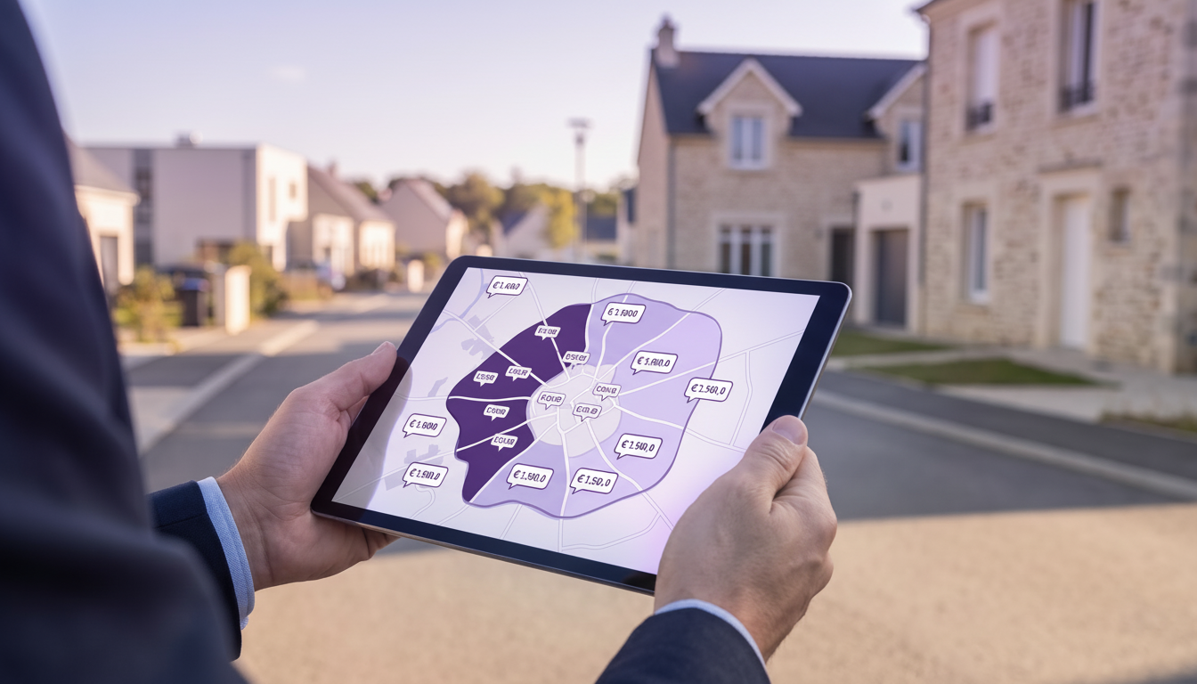 Vue en gros plan sur une tablette tactile tenue par un conseiller immobilier, affichant une carte in