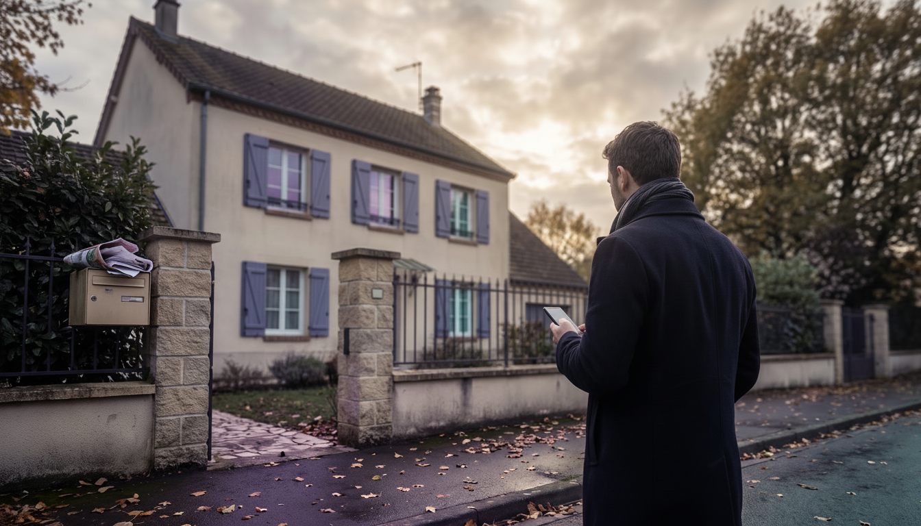 Conseiller immobilier de dos, observant discrètement une maison de banlieue aux volets fermés avec u