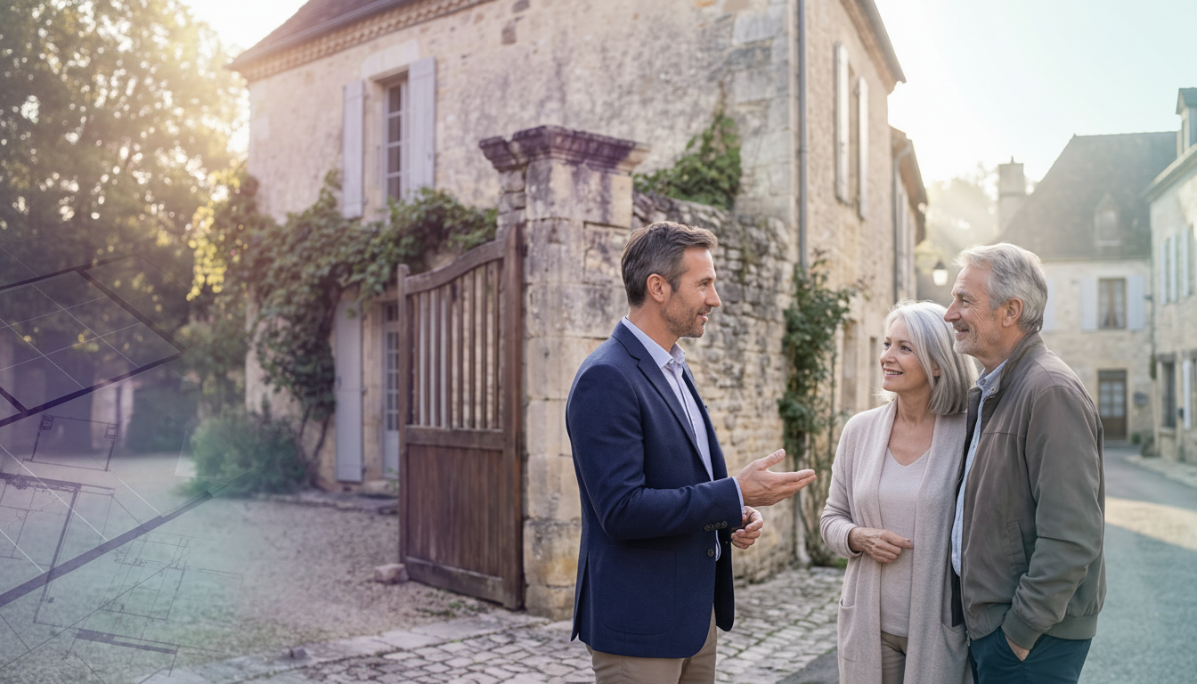 Conseiller immobilier discutant de manière empathique et posée avec un couple de sexagénaires devant