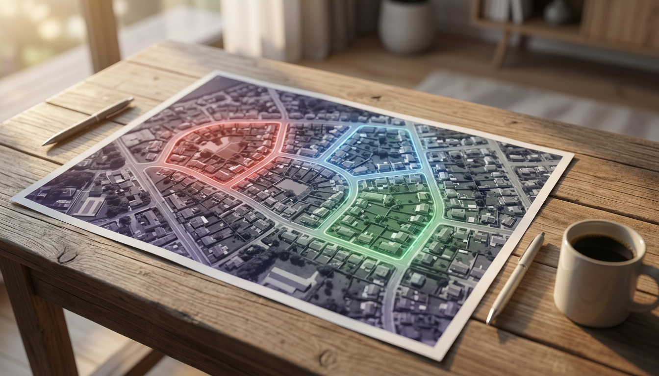 Carte vue du dessus d'un quartier résidentiel français avec trois zones distinctes surlignées en cou