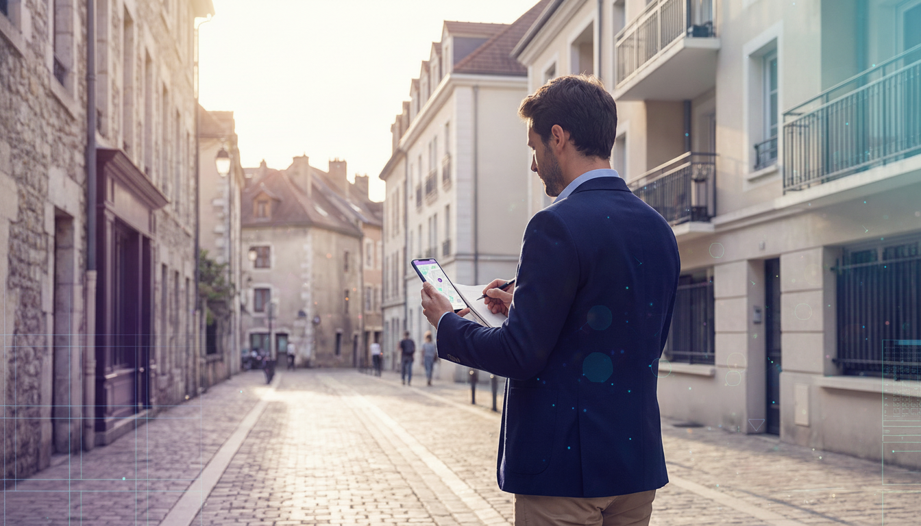 Conseiller immobilier de dos, en tenue décontractée chic, marchant dans une rue résidentielle ensole