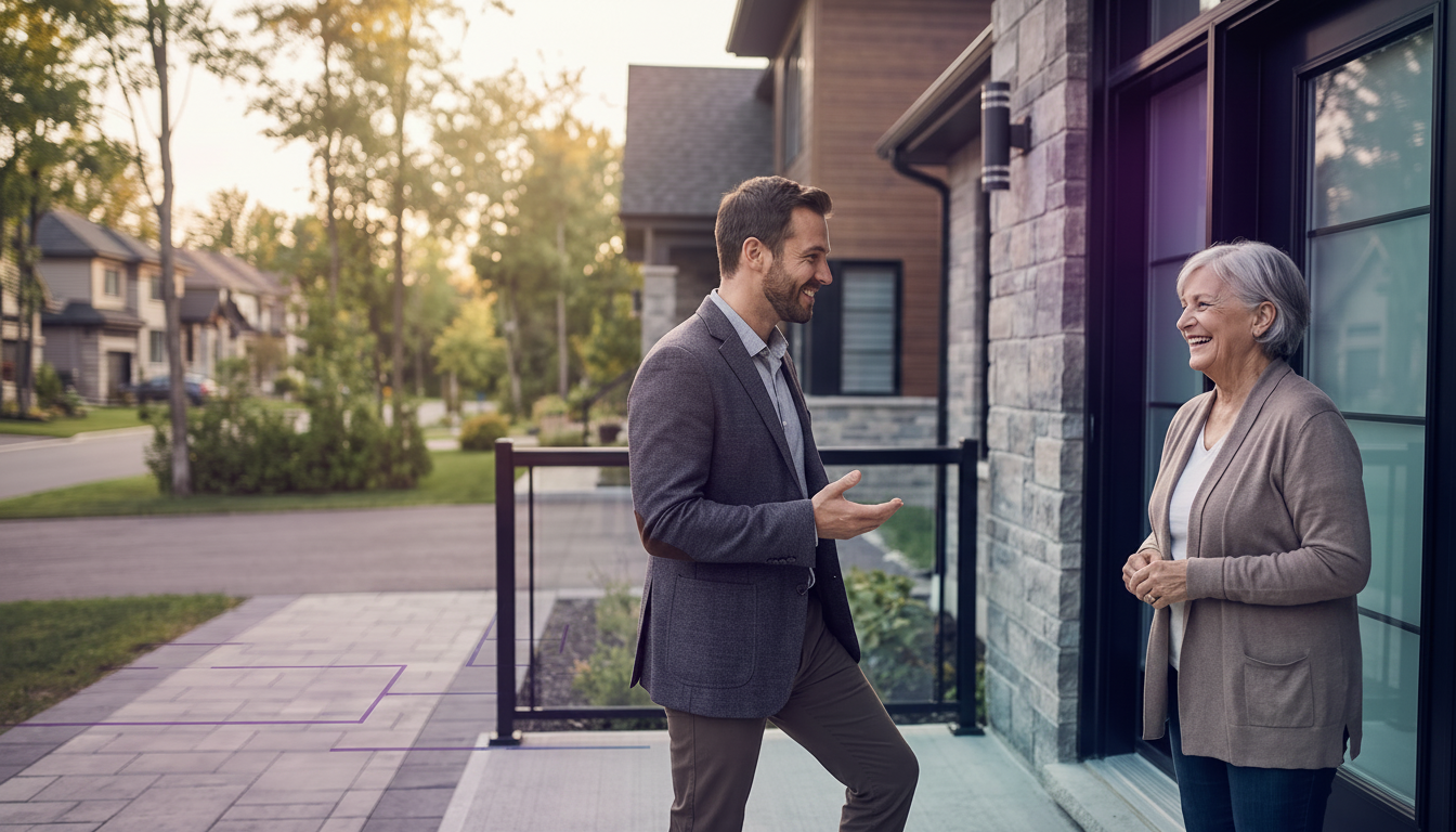 Conseiller immobilier échangeant chaleureusement avec un propriétaire souriant à l'entrée d'une mais