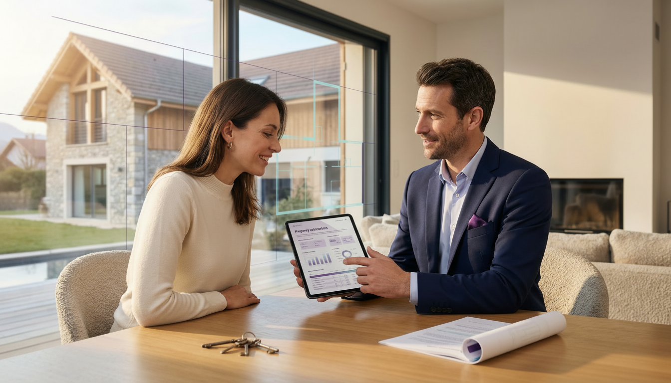 Conseiller immobilier en rendez-vous d'estimation chez un propriétaire, expliquant un document détai