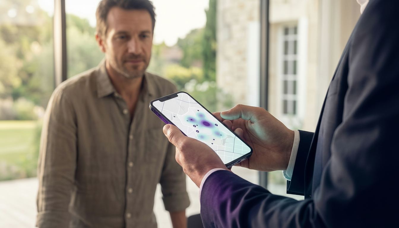 Gros plan sur les mains d'un conseiller immobilier tenant un smartphone affichant une carte interact