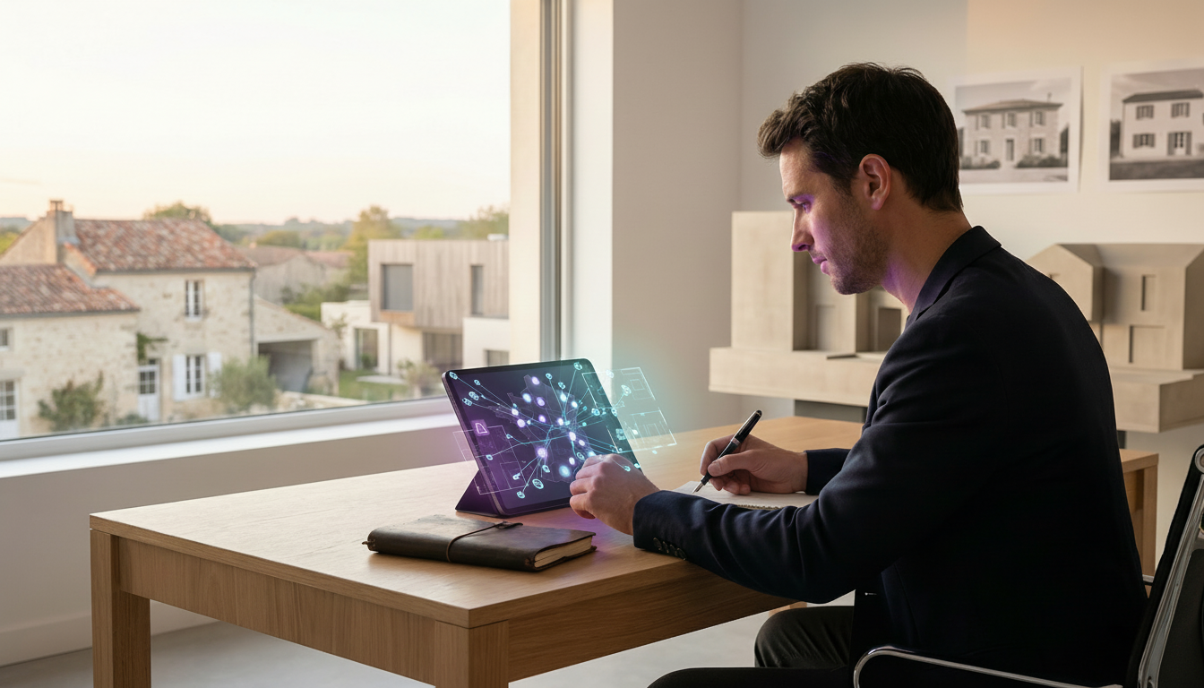Conseiller immobilier assis à un bureau moderne, analysant des données sur une tablette tactile affi