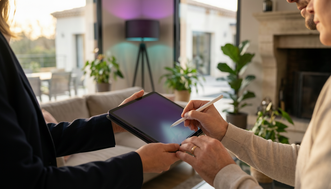 Gros plan sur les mains d'un couple de propriétaires signant électroniquement un document sur une ta