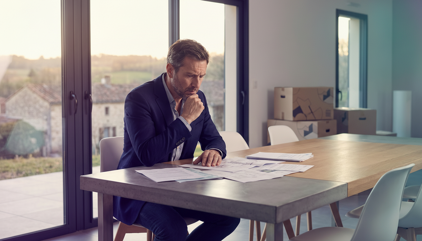 Portrait en plan moyen d'un homme d'une quarantaine d'années, l'air soucieux, consultant des documen