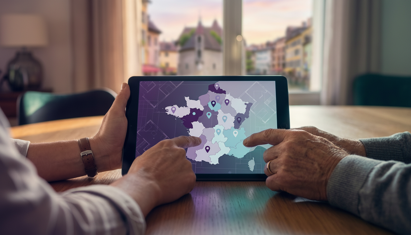 Plan serré sur les mains d'un conseiller immobilier et d'un propriétaire âgé, pointant ensemble un é