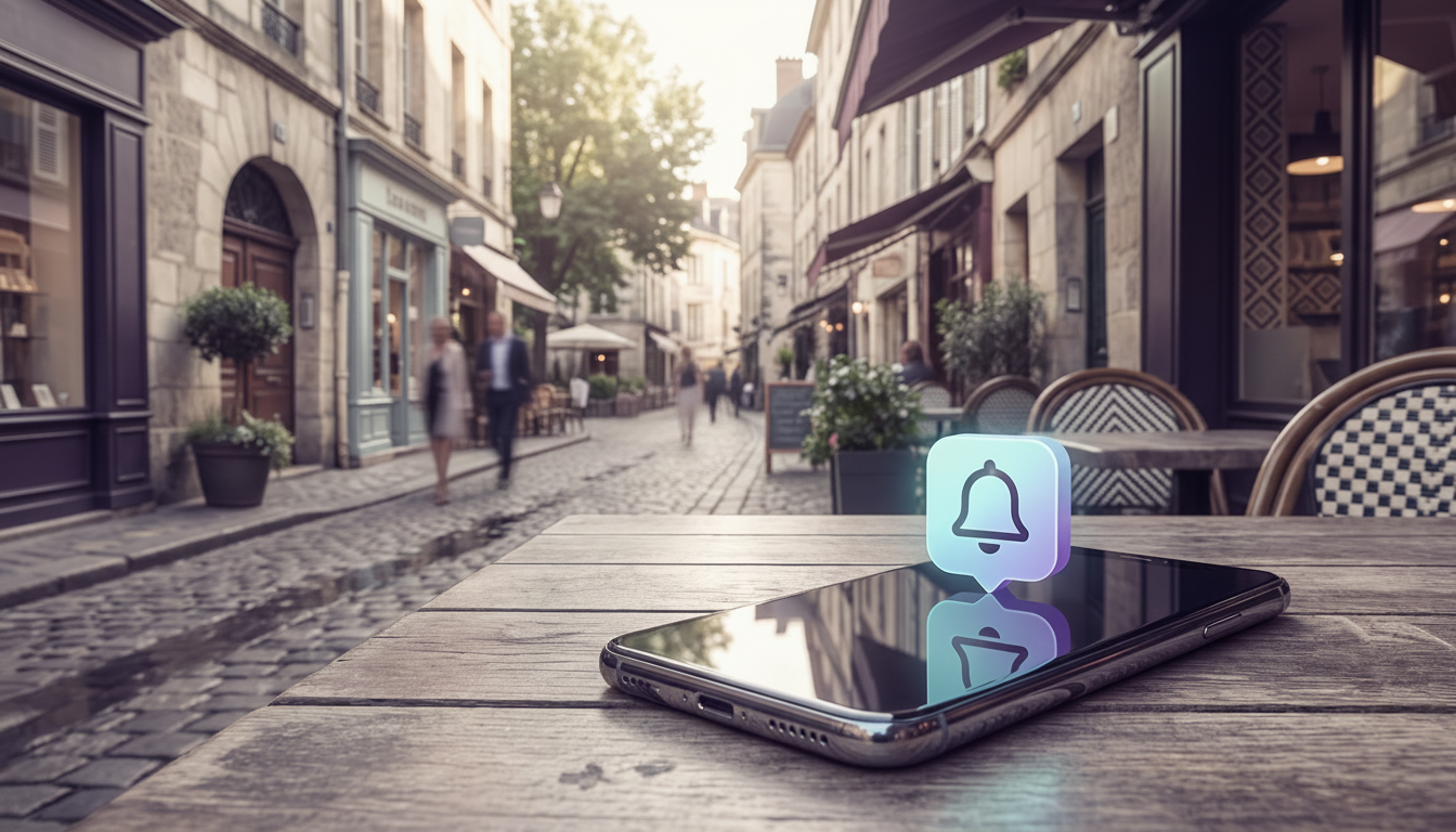 Un smartphone posé sur une table de café en terrasse, affichant une notification de rappel de relanc