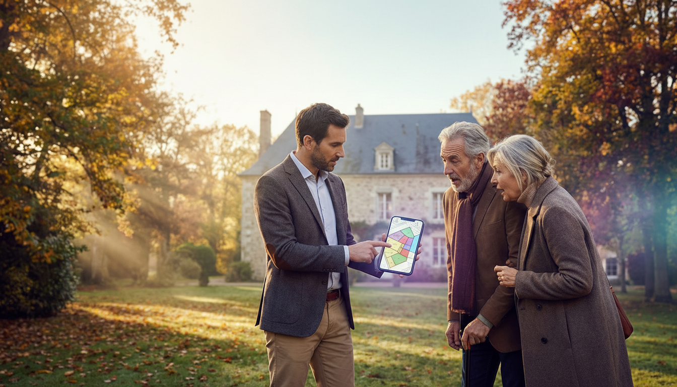 Conseiller immobilier en tenue professionnelle décontractée, debout dans un grand jardin arboré en a