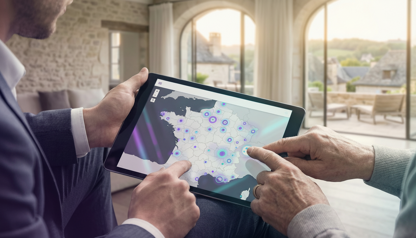 Gros plan sur les mains d'un agent immobilier tenant une tablette affichant une carte interactive av
