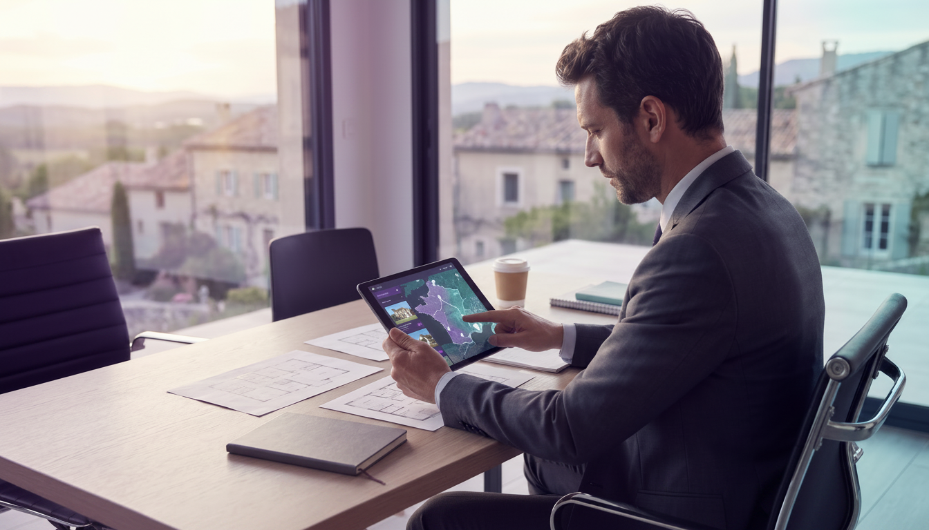 Conseiller immobilier étudiant une carte sur une tablette numérique, entouré de documents statistiqu