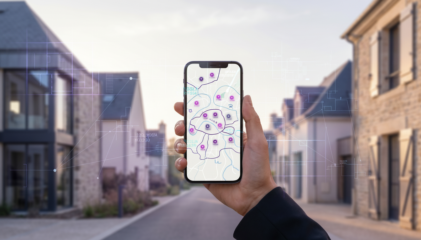 Écran de smartphone affichant une carte interactive avec des zones dessinées à la main et des marque