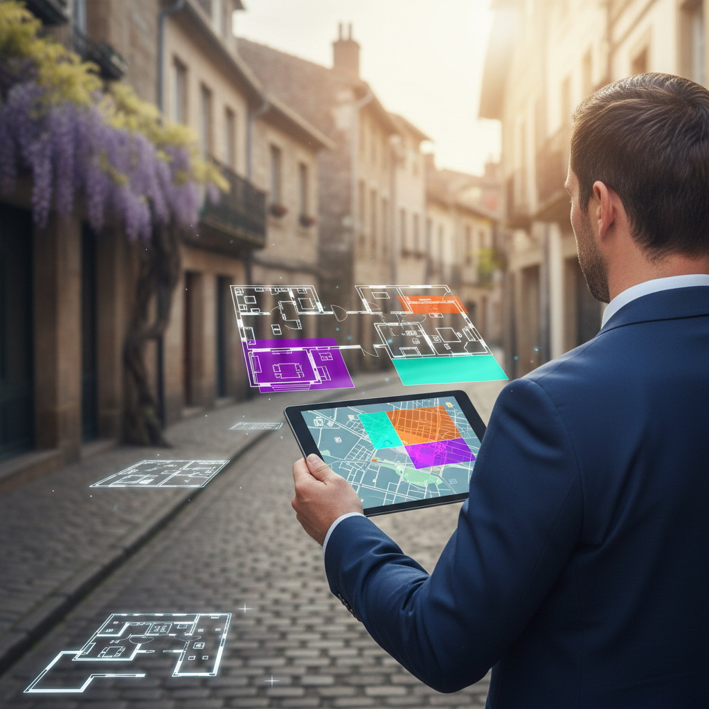 Conseiller immobilier de dos, regardant une carte urbaine affichée sur une tablette numérique avec d