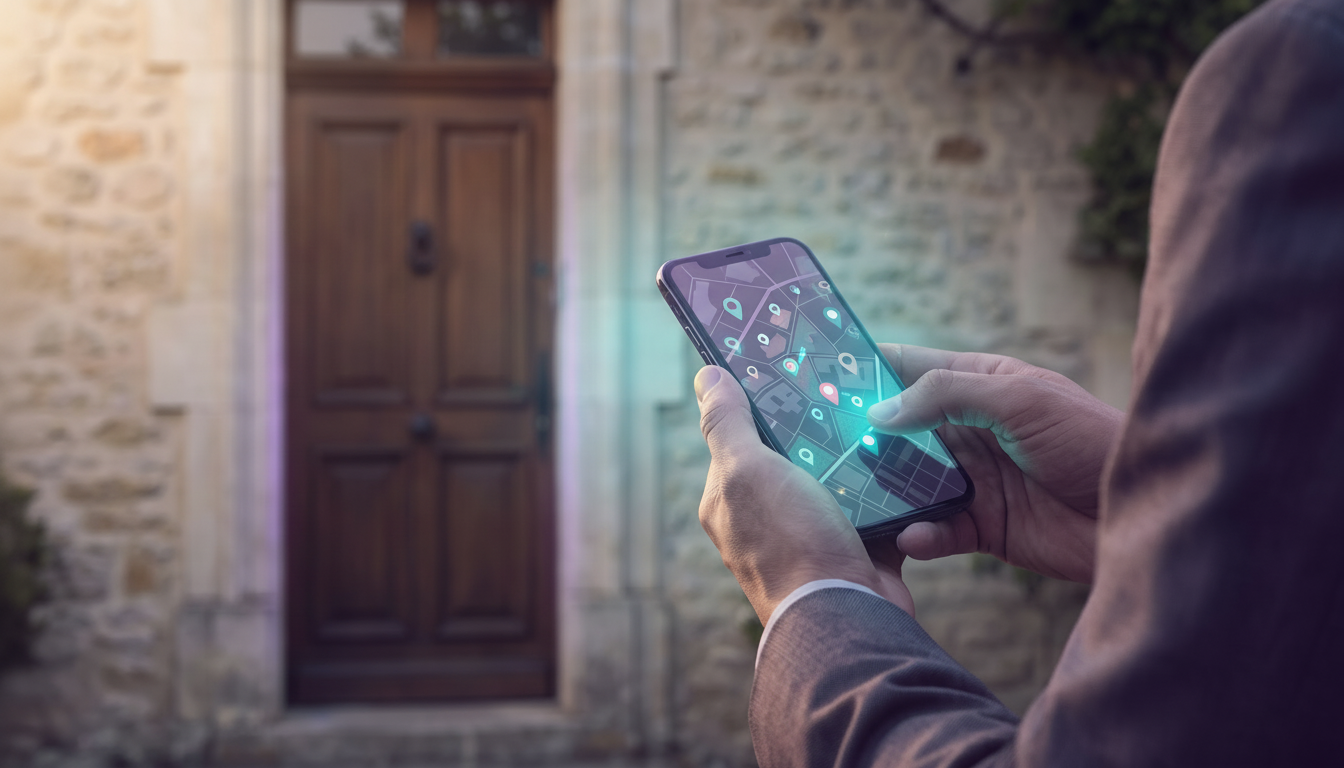 Vue rapprochée des mains d'un professionnel de l'immobilier tenant un smartphone affichant une appli